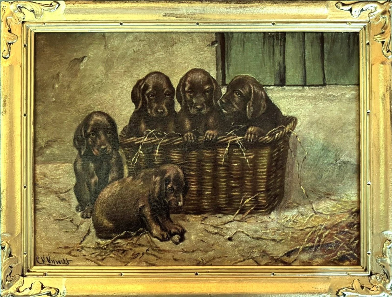 Antique Labrador Puppies Oil Painting – Early 20th Century – Signed 